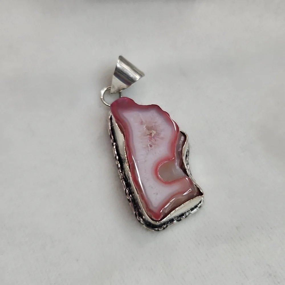 Pink Quartz Crystal Natural Gemstone Necklace Pendant Sterling Silver Plated